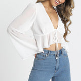 Flare Sexy Deep V Neck Tie-Up Hollow Out Streetwear Tops