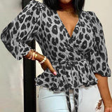 Elegant Tunic Sexy Deep V-Neck Leopard Print Belted Fashion Tops