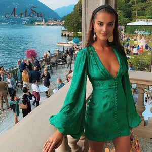 Green Deep V Neck Button Lantern Sleeve Mini Dress