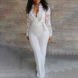 Lace Stitching Long Sleeve V-neck Jumpsuit