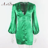 Green Deep V Neck Button Lantern Sleeve Mini Dress