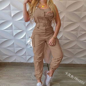 Casual Cargo Playsuit O Neck Jumpsuit With Pocket and Belt