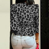 Elegant Tunic Sexy Deep V-Neck Leopard Print Belted Fashion Tops