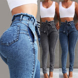 High Waist Slim Stretch Denim Bodycon Tassel Belt Bandage Skinny Push Up Jeans