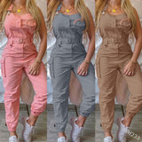 Casual Cargo Playsuit O Neck Jumpsuit With Pocket and Belt