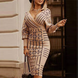 2021 Elegant Sexy Slim Vintage Striped Midi Dress