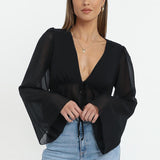 Flare Sexy Deep V Neck Tie-Up Hollow Out Streetwear Tops