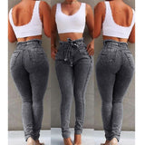 High Waist Slim Stretch Denim Bodycon Tassel Belt Bandage Skinny Push Up Jeans