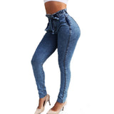 High Waist Slim Stretch Denim Bodycon Tassel Belt Bandage Skinny Push Up Jeans