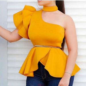 Sexy One Shoulder Blouses Tops Peplum Ruffles Party Fashion