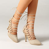 Sexy pointed toe strappy ankle cut out lace up high heel shoes