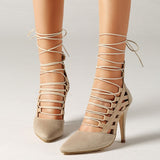 Sexy pointed toe strappy ankle cut out lace up high heel shoes