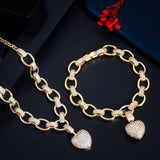 585 Gold Cubic Zirconia Dangle Love Heart Bracelet Pendant Set