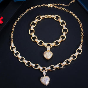 585 Gold Cubic Zirconia Dangle Love Heart Bracelet Pendant Set